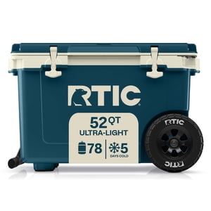 Hielera RTIC de 52 L con ruedas, lados duros, ultraligera, capacidad para 76 latas, marina/lona