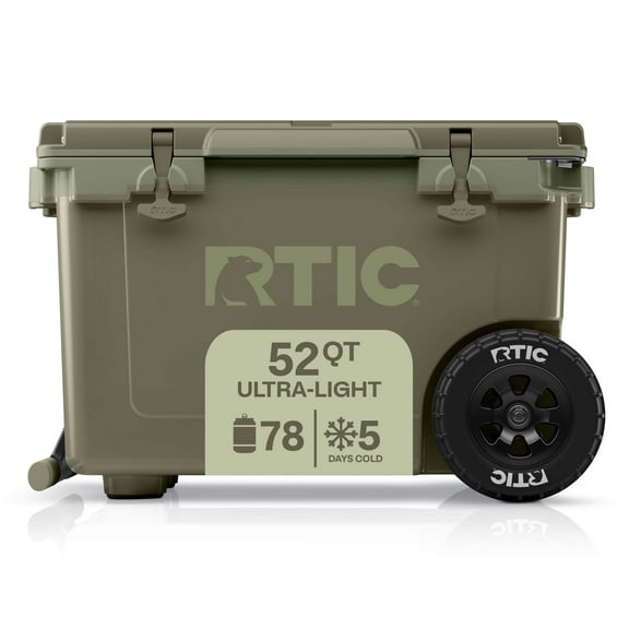 RTIC 52 QT Ultra-Light Wheeled Hard-Sided Ice Chest Cooler, Fits 78 Cans, Olive