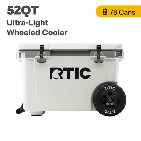 RTIC 52 QT Ultra-Light Wheeled Hard-Sided Ice Chest Cooler, White and Grey, Fits 78 Cans