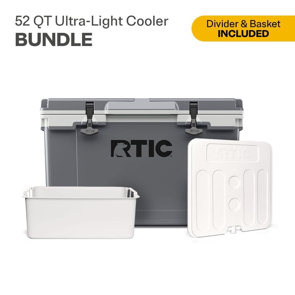 RTIC 52 Quart Ultra-Light Hard Cooler Bundle, with Freezable Divider & Dry Basket, Darl Grey & Cool Grey