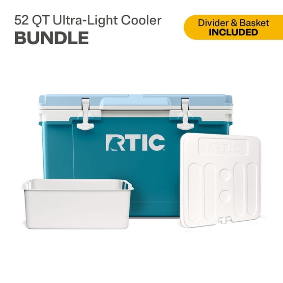 RTIC 52 Quart Ultra-Light Hard Cooler Bundle, with Freezable Divider & Dry Basket, Deep Harbor/RTIC Ice