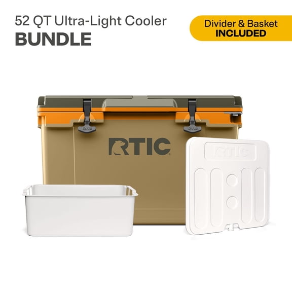 RTIC 52 Quart Ultra-Light Hard Cooler Bundle, with Freezable Divider & Dry Basket, Trailblazer