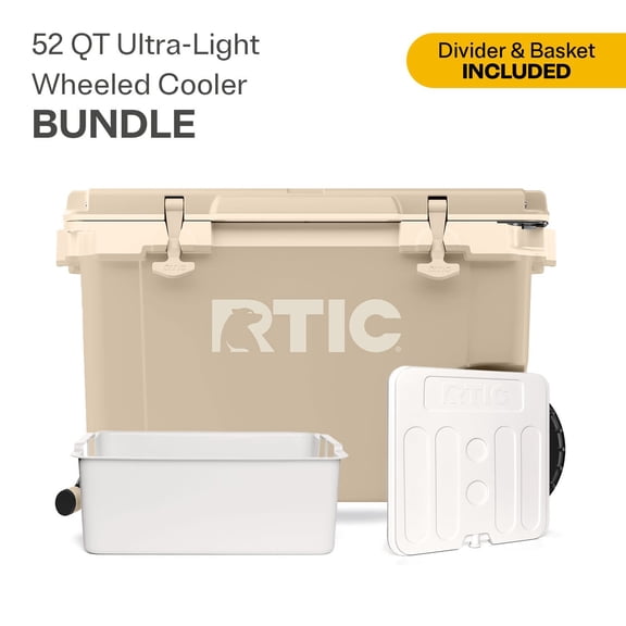 RTIC 52 Quart Wheeled Ultra-Light Hard Cooler Bundle, with Freezable Divider & Dry Basket, Beach