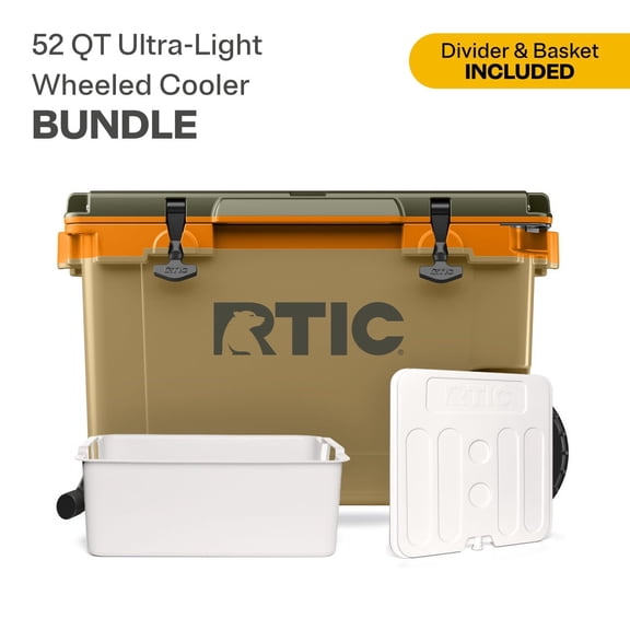 RTIC 52 Quart Wheeled Ultra-Light Hard Cooler Bundle, with Freezable Divider & Dry Basket, Trailblazer