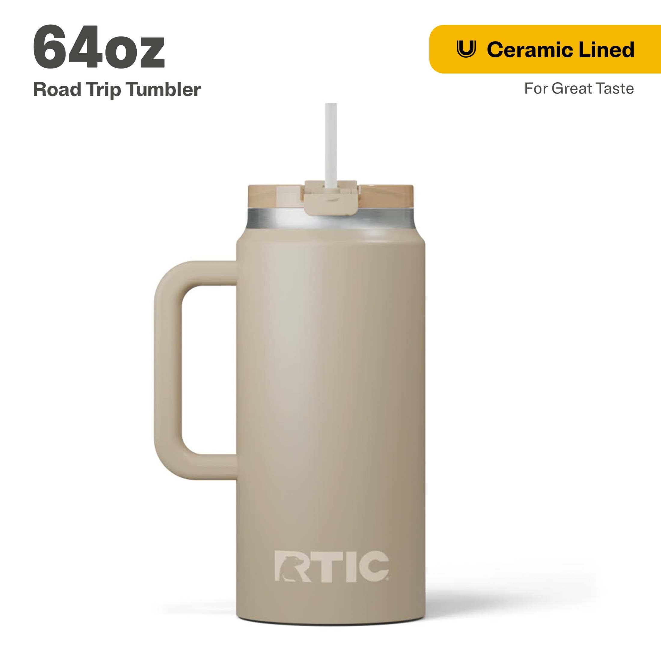 64 oz Beige Ceramic Lined Insulated Travel Tumbler with Straw Lid