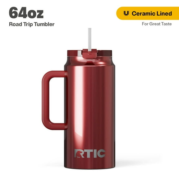 RTIC 64 oz Ceramic Lined Insulated Road Trip Tumbler, Leak-Resistant Lid, Black Cherry Metallic