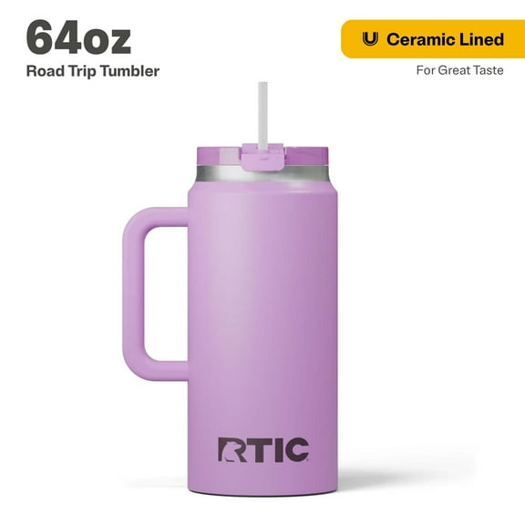 RTIC 64 oz Ceramic Lined Insulated Road Trip Tumbler, Leak-Resistant Lid, Lavender
