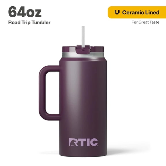 RTIC 64 oz Ceramic Lined Insulated Road Trip Tumbler, Leak-Resistant Lid, Plum