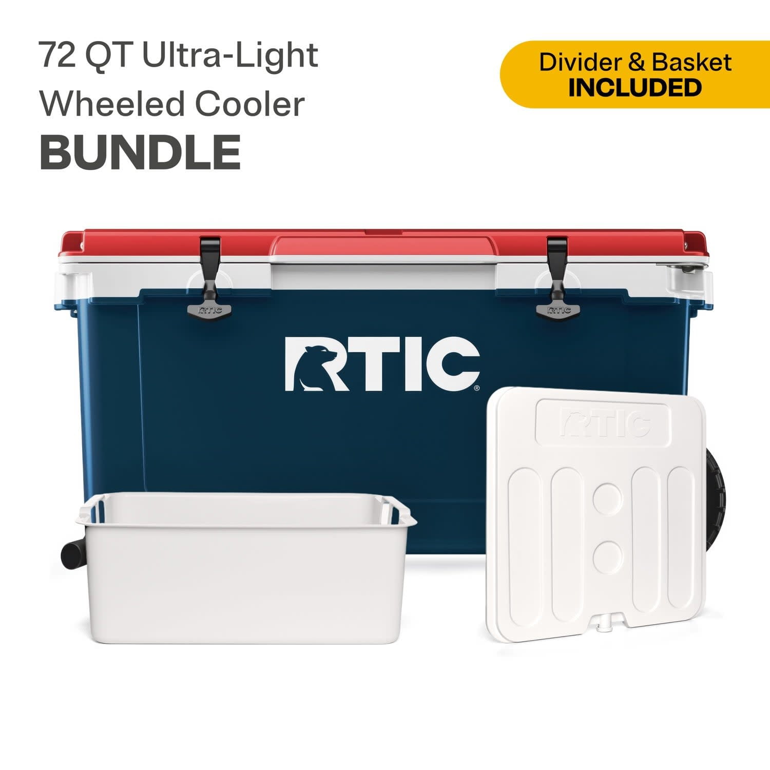 RTIC 72 Quart Wheeled Ultra-Light Hard Cooler Bundle, with Freezable Divider & Dry Basket, Patriot - Walmart.com