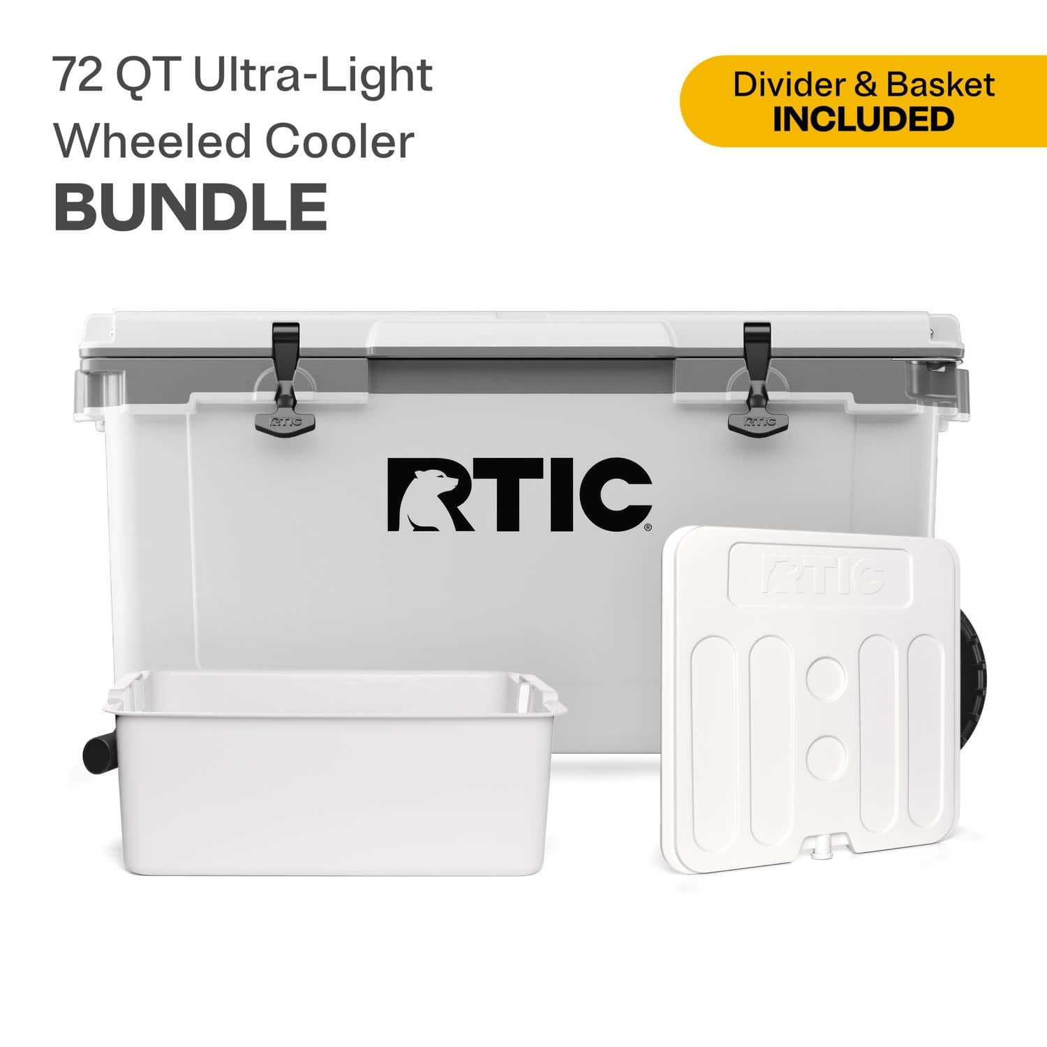 RTIC 72 Quart Wheeled Ultra-Light Hard Cooler Bundle, with Freezable Divider & Dry Basket, White & Grey