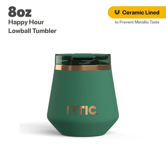 RTIC 8 oz Ceramic Lined Insulated Happy Hour Lowball Tumbler, Leak Resistant Lid, Soft-Touch Exterior, Pine Tree