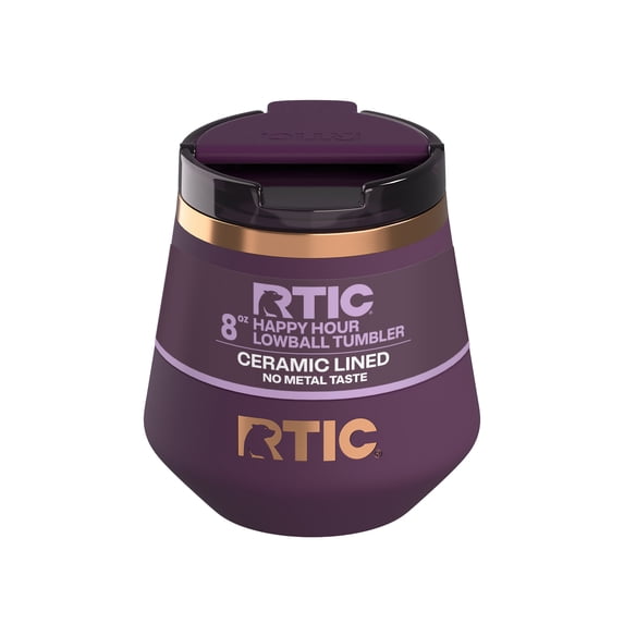 RTIC 8 oz Ceramic Lined Insulated Happy Hour Lowball Tumbler, Leak Resistant Lid, Soft-Touch Exterior, Plum