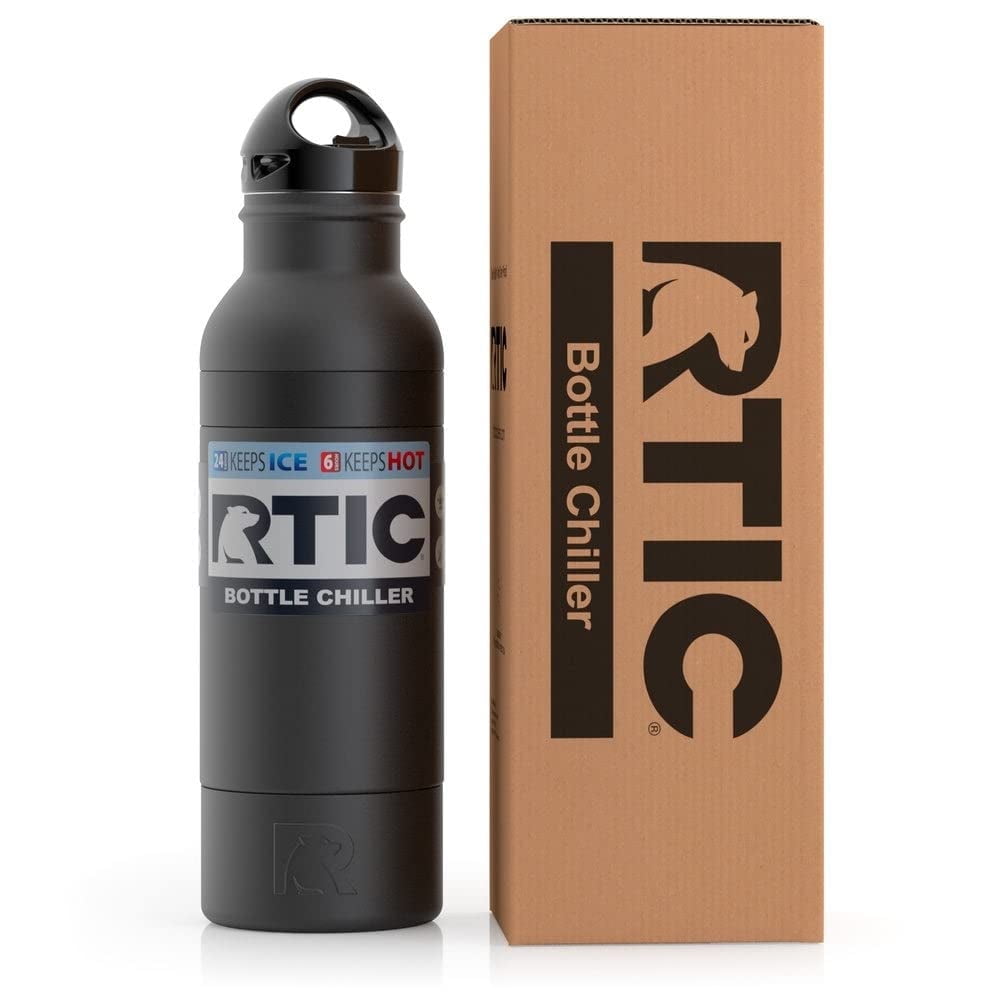 RTIC Bottle Chiller Water Bottle Insulated Cooler for 12oz Glass Soda Bottle or 16oz Aluminum Bottle, Double Wall Vacuum Insulation, Stainless Steel Sweat Proof with Built-In Bottle Opener, Black
