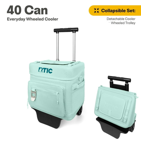 RTIC Everyday Wheeled Cooler, 40 Can Cooler, Collapsible Wheeled Trolley, Fresh Mint