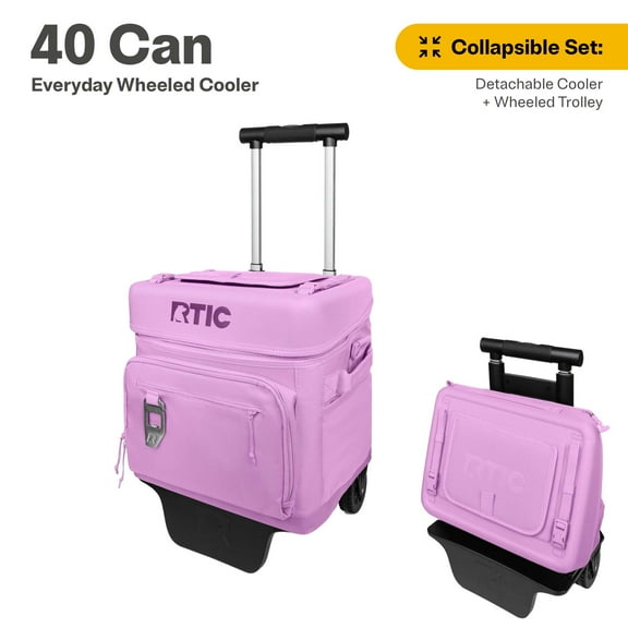 RTIC Everyday Wheeled Cooler, 40 Can Cooler, Collapsible Wheeled Trolley, Lavender