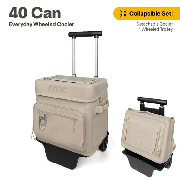 RTIC Everyday Wheeled Cooler, 40 Can Cooler, Collapsible Wheeled Trolley, Sand