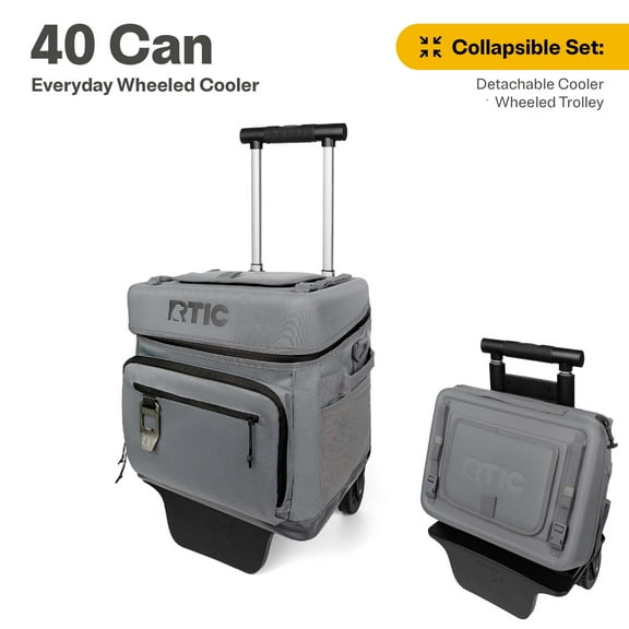 RTIC Everyday Wheeled Cooler, 40 Can Cooler, Collapsible Wheeled Trolley, Smoke