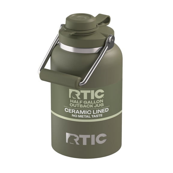 RTIC Half Gallon Ceramic Lined Insulated Outback Water Bottle Jug, Leak Proof, Olive