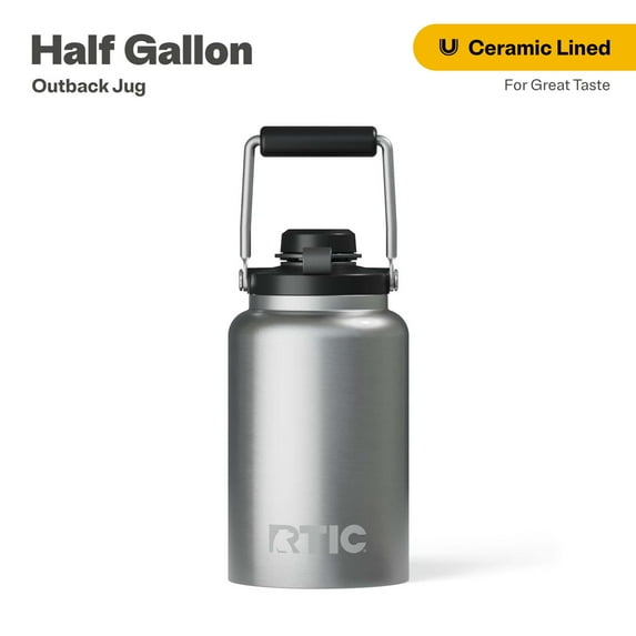 RTIC Half Gallon Ceramic Lined Insulated Outback Water Bottle Jug, Leak Proof, Stainless
