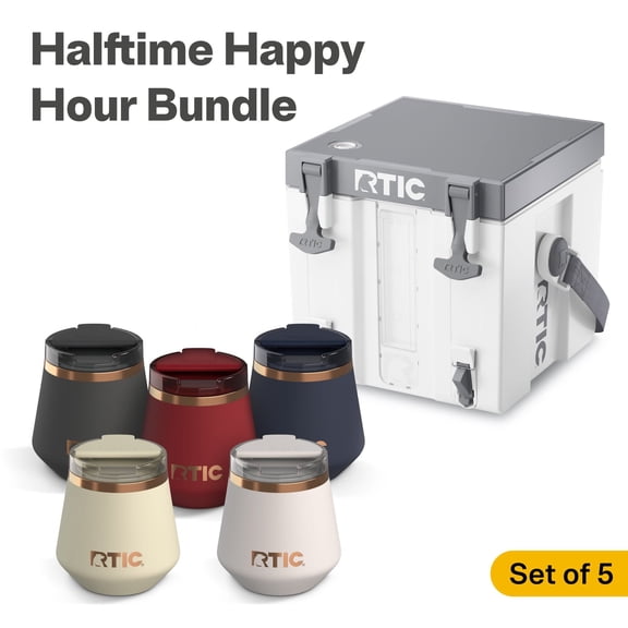 RTIC Halftime Cooler Bundle, 3 Gallon Hard-Sided Water Cooler with 5 Lowball Tumblers, White
