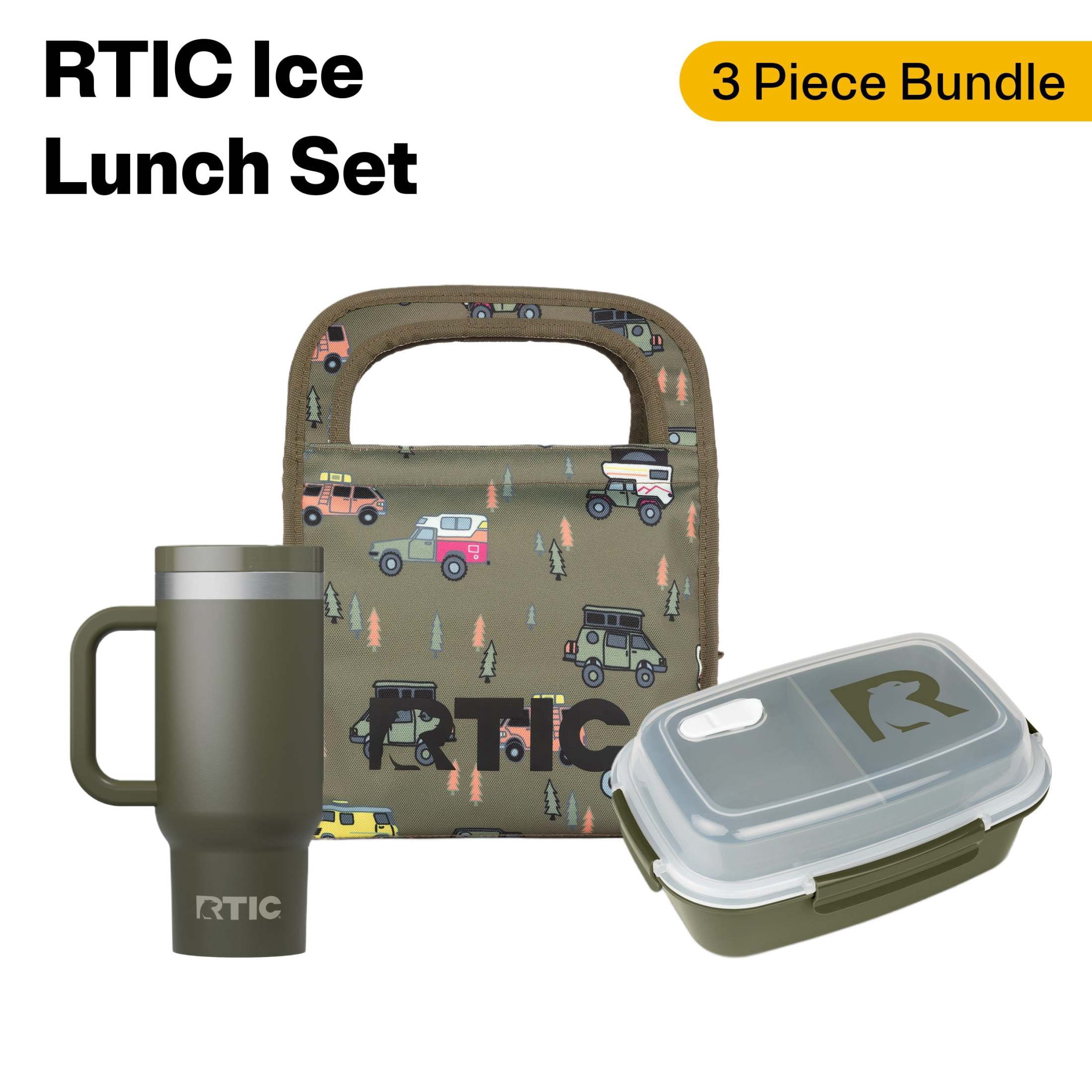 RTIC Ice Lunch Set, Lunch Bag, Container and Little Road Trip Tumbler, Leak Proof, Happy Camper/Olive