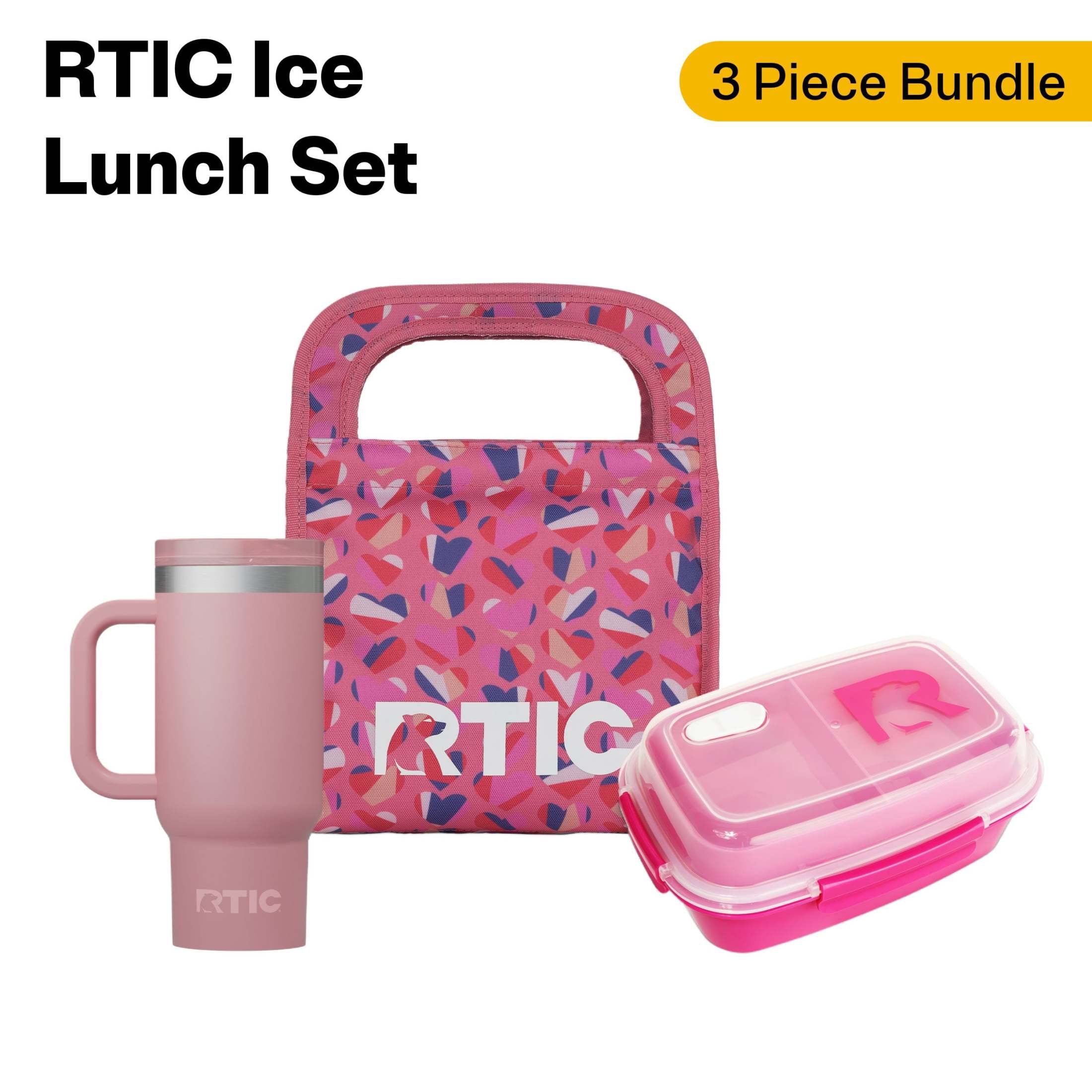 RTIC Ice Lunch Set, Lunch Bag, Container and Little Road Trip Tumbler, Leak Proof, Sweet Hearts/Pink