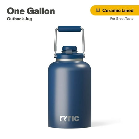 RTIC One Gallon Ceramic Lined Insulated Outback Water Bottle Jug, Leak Proof, Navy