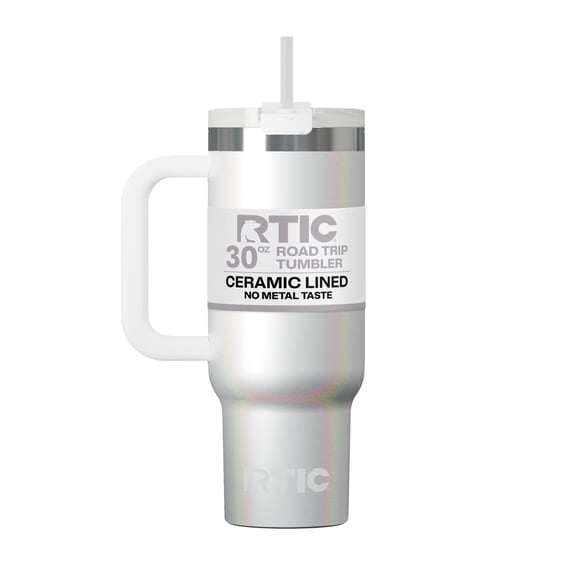 RTIC Road Trip 30 oz Leak-Resistant Straw Lid Ceramic Lined Tumbler, White Glitter