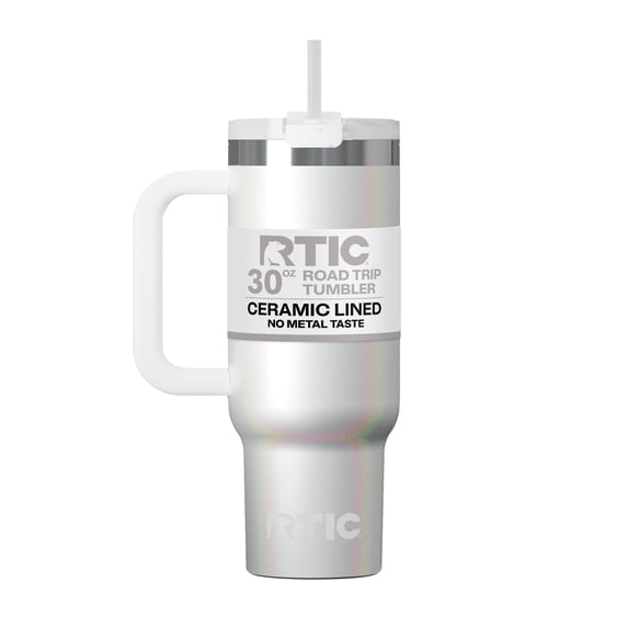 RTIC Road Trip 30 oz Leak-Resistant Straw Lid Ceramic Lined Tumbler, White Glitter