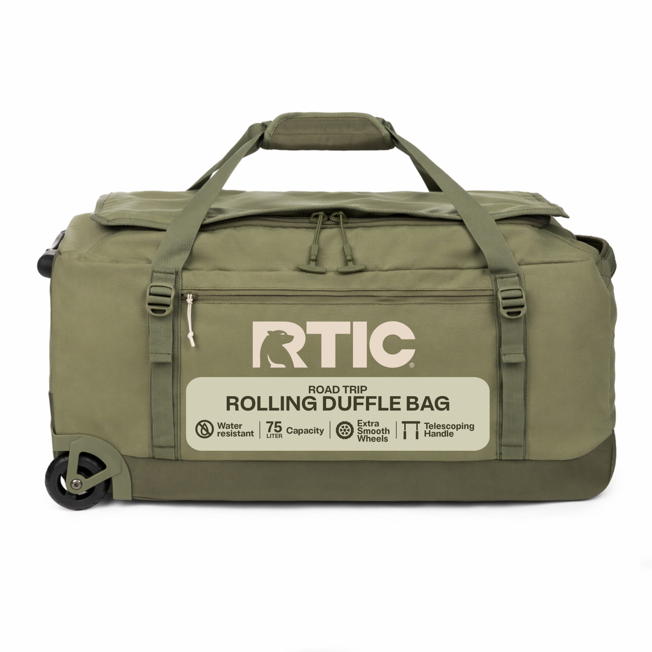 RTIC Road Trip Rolling Duffle Bag, Large, Water Resistant and Wheeled, Olive & Beach