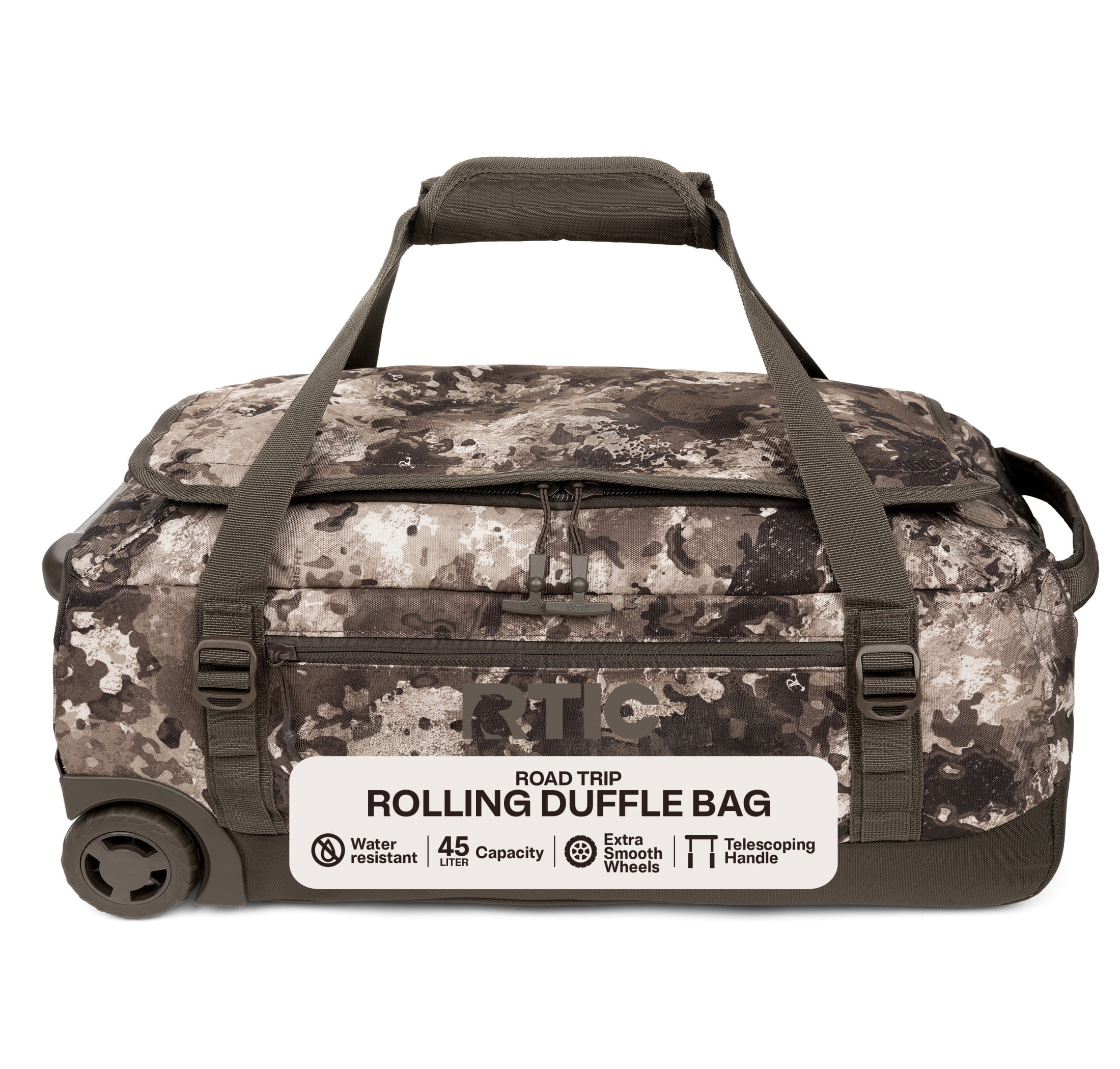 RTIC Road Trip Rolling Duffle Bag, Medium, Water-Resistant and Wheeled, Olive Midnight Camo