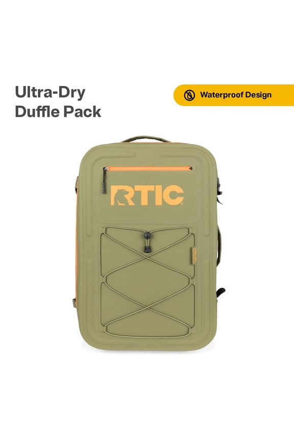 Ultra-Dry Duffle Pack, Waterproof, Convertible Shoulder Straps, 60 Liters, Olive & Orange