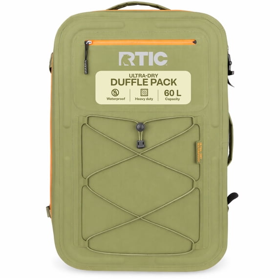 RTIC Ultra-Dry Duffle Pack, Waterproof, Convertible Shoulder Straps, 60 Liters, Olive & Orange
