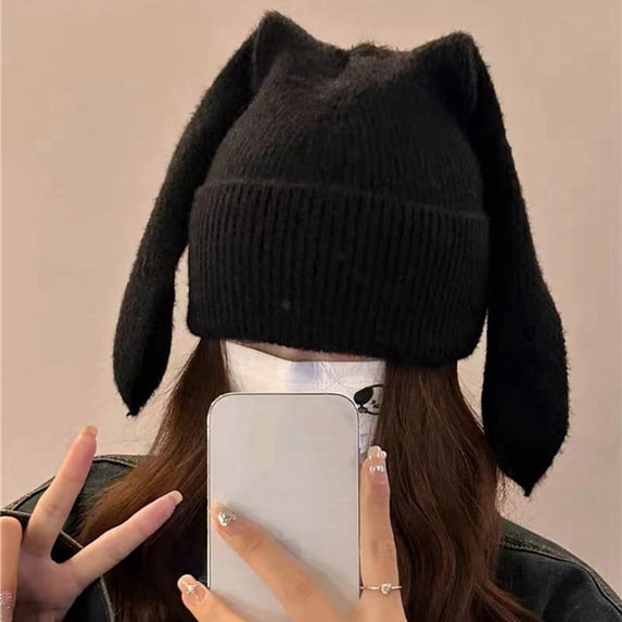 RTKFRFL Easter Long Ear Bunny Knit Hat Winter Warm Cute Rabbit Style Beanie Skin-Friendly Soft Crochet Wool Cap for Women & Men Festive Holiday Cold Weather Accessory One Size Fits All 1PC