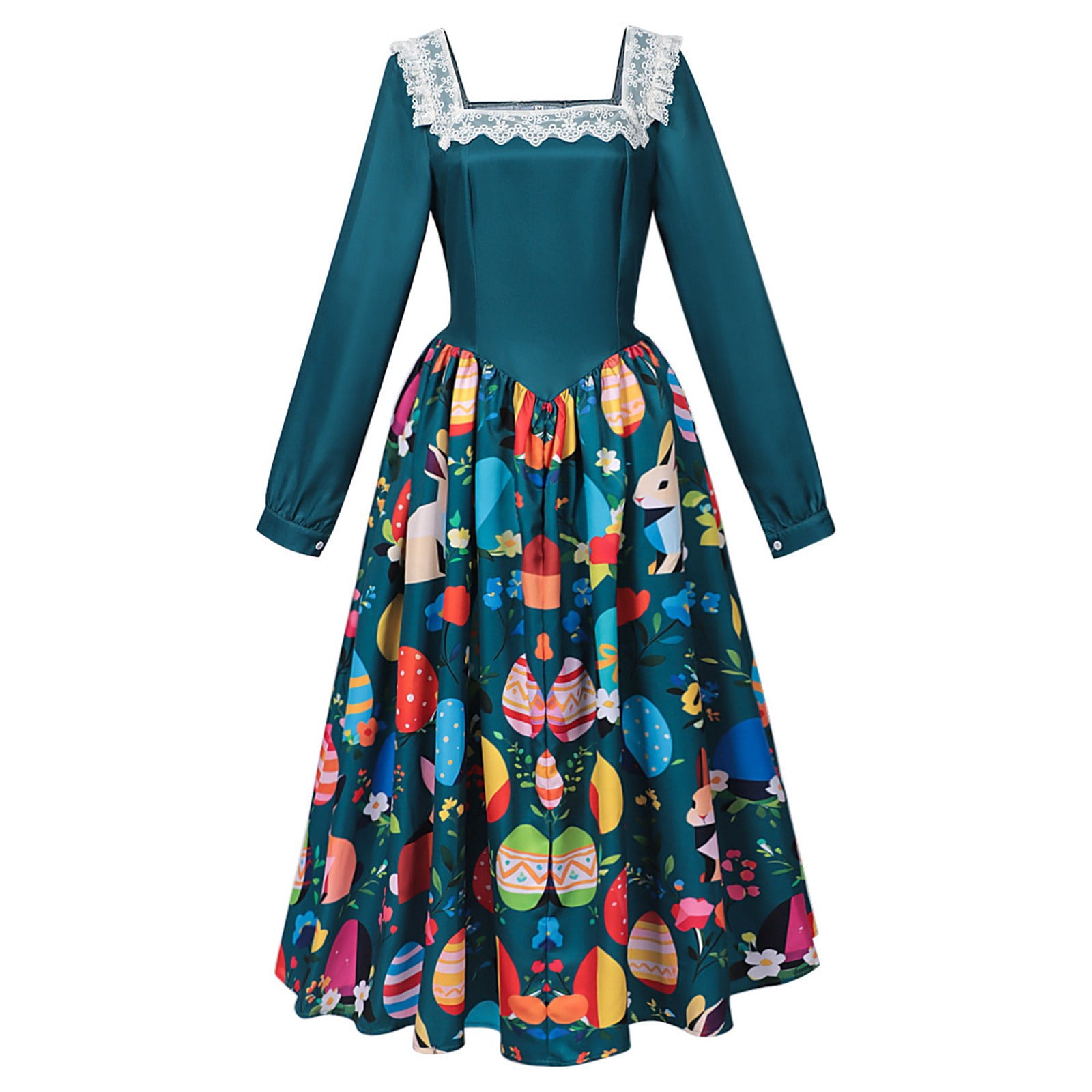 RTKFRFL Easter Vintage Lace Performance Dress for Women Square Neck ...