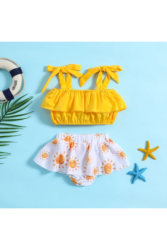 Girls Swimsuits 2 Piece Tie Back Sun Cartoon Print Sleeveless Ruffle Tankini Set For Kids Summer Bathing Suit Beachwear Swimwear