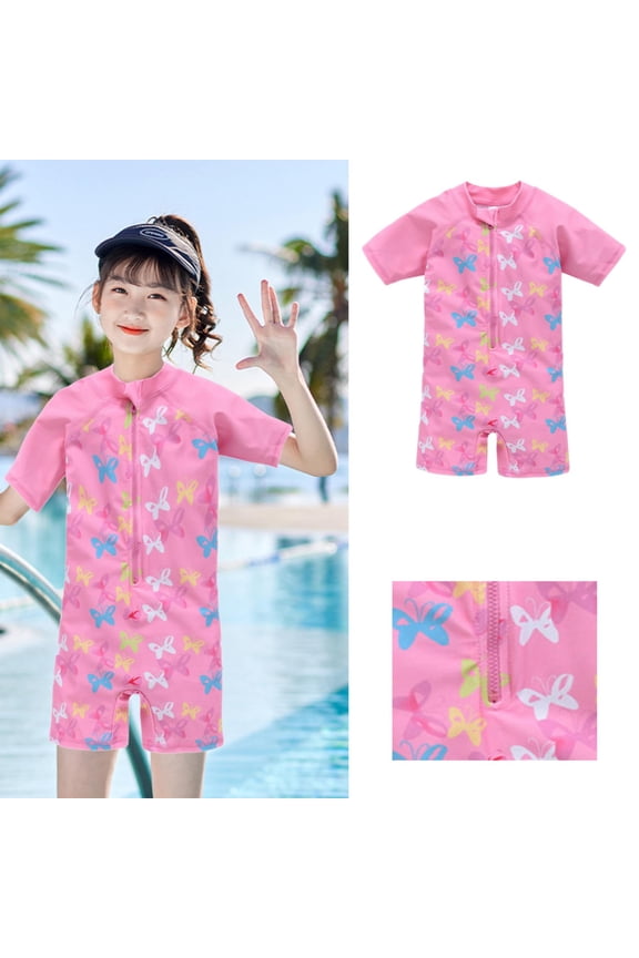 Girls Swimsuits Zipper Quick Dry Cartoon Print Rash Guard Beachwear Swimwear Bathing Suit