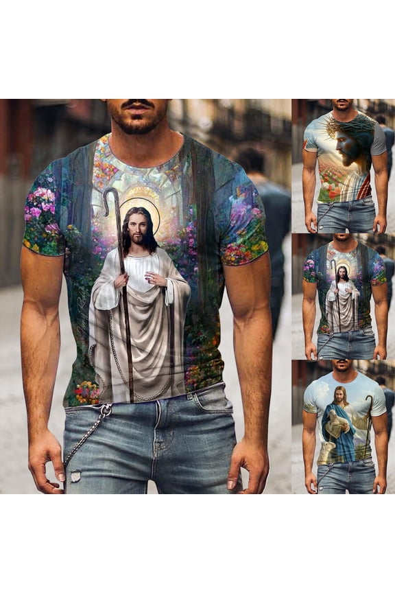 Men's Easter Jesus Print T-Shirt Christian Religious Graphic Short Sleeve Tee Spiritual Faith Holiday Top Casual Summer Fashion Apparel Soft Performance Fabric White S-XXL