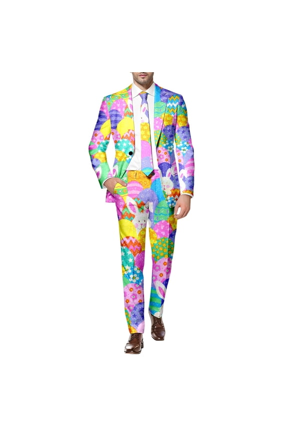 Men's Easter Suit Set 2 Piece Festive Holiday Outfit Slim Fit Blazer Jacket and Matching Trousers Funny Graphic Print Party Suit for Spring Celebrations Size Small to 3XL