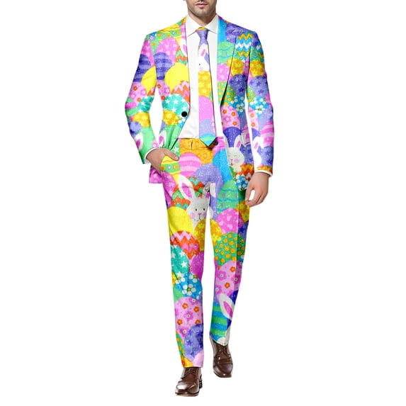 RTKFRFL Men's Easter Suit Set 2 Piece Festive Holiday Outfit Slim Fit Blazer Jacket and Matching Trousers Funny Graphic Print Party Suit for Spring Celebrations Size Small to 3XL