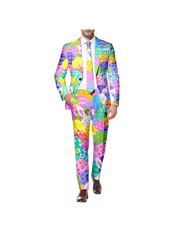 Men's Easter Suit Set 2 Piece Festive Holiday Outfit Slim Fit Blazer Jacket and Matching Trousers Funny Graphic Print Party Suit for Spring Celebrations Size Small to 3XL