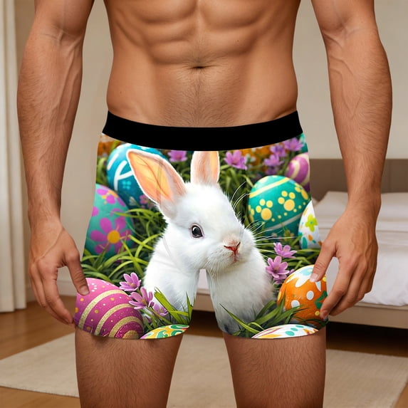 RTKFRFL Stylish Men's Easter Underwear Funny Bunny Print Boxer Briefs Soft Stretch Performance Trunks Breathable Holiday Theme Underpants for Men Durable Fabric Size Small-4XL