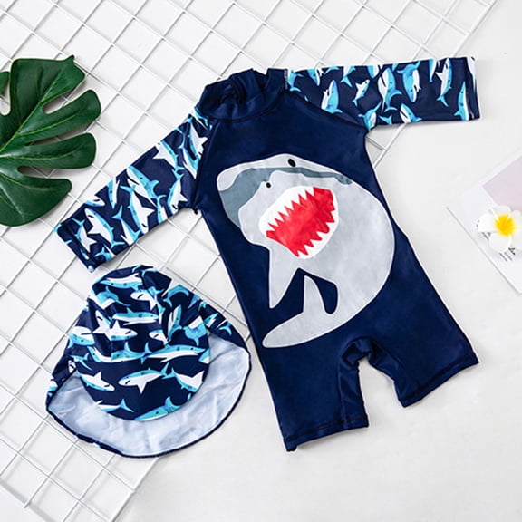 RTKFRFL Swimsuits For Teens 2 Piece Long Sleeve Cartoon Shark Print Rash Guard With Sun Hat Swimwear Beachwear Bathing Suit