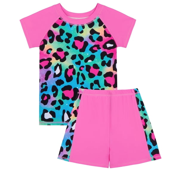 RTKFRFL Toddler Girl Swimsuit 2 Piece Leopard Print Color Block Short Sleeve Rashguard Set With Shorts Beachwear Swimwear Bathing Suit