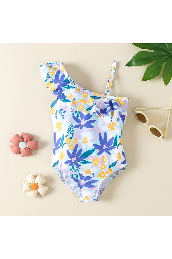 Toddler Girl Swimsuit Ruffle 1 Piece One Shoulder Floral Prints Beach Onesie Bikini Beachwear Swimwear Bathing Suit