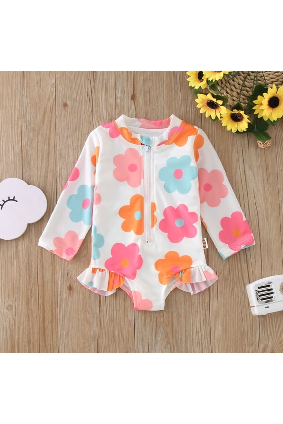 Toddler Girl Swimsuit Summer Beach Floral Print Long Sleeve 1 Piece Onesie Bikini Beachwear Swimwear Bathing Suit