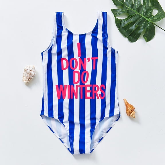 RTKFRFL Toddler Swimsuit Girl 1 Piece Blue Vertical Stripe Letter Print Rash Guard Swimwear Beachwear Bathing Suit
