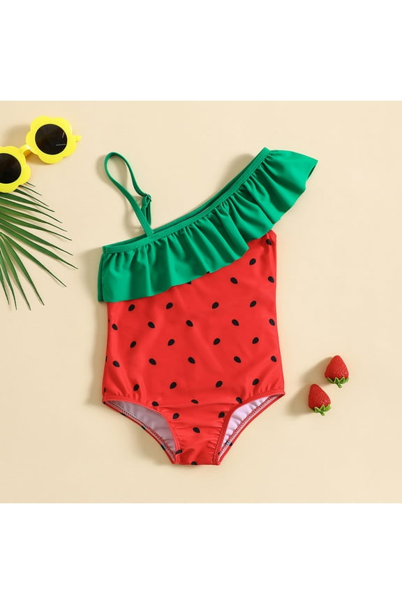 Toddler Swimsuit Girl Girls Toddler Ruffles 1 Piece Cartoon Watermelon Prints Beach Onesie Bikini Bathing Suit Beachwear Swimwear