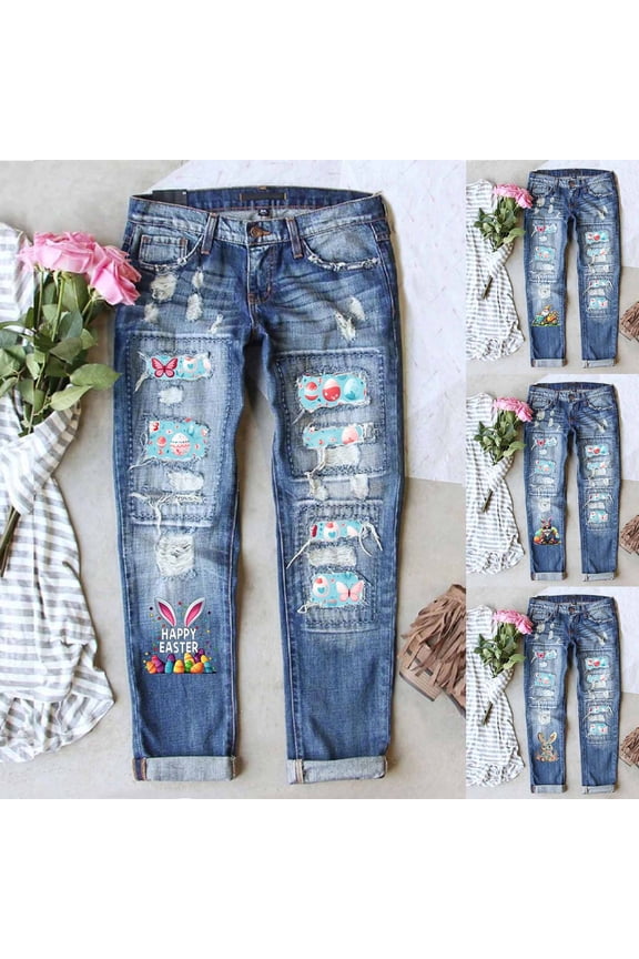 Women's Easter Denim Jeans Fashion Festive Print Distressed Ripped Casual Denim Pants Slim Fit Holiday Theme Stretchy Trousers Stylish Spring Streetwear for Ladies Blue Size 2-16
