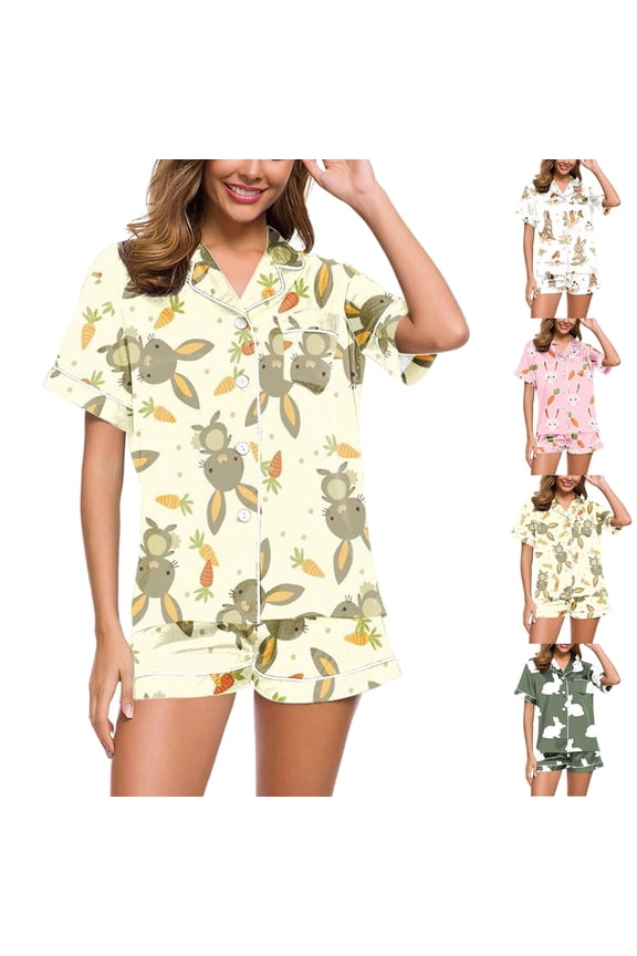 Women's Easter Pajamas 1PC Short Sleeve Top and 1PC Shorts Cute Festive Bunny Print Pj Set Soft Comfort Loungewear Sleepwear for Ladies Multiple Colors Size Small-3XL